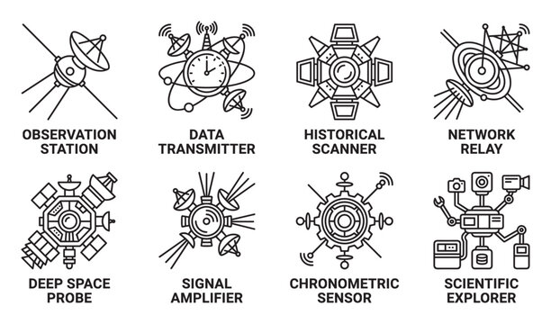Space exploration technology icons satellite probe deep space communication network.