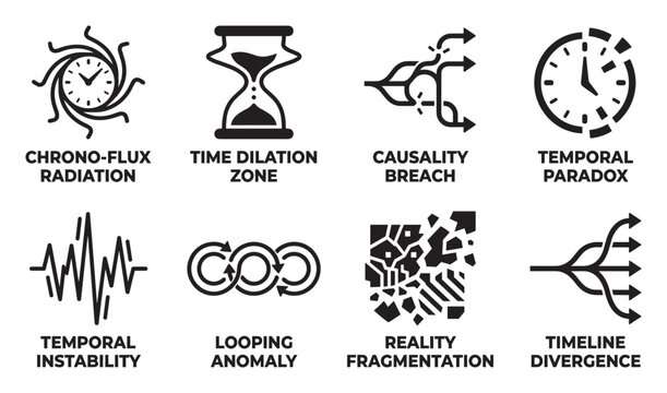 Time distortion and anomaly icons for temporal paradox and reality fragmentation.