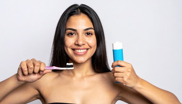 Woman holding toothbrush and toothpaste on white background