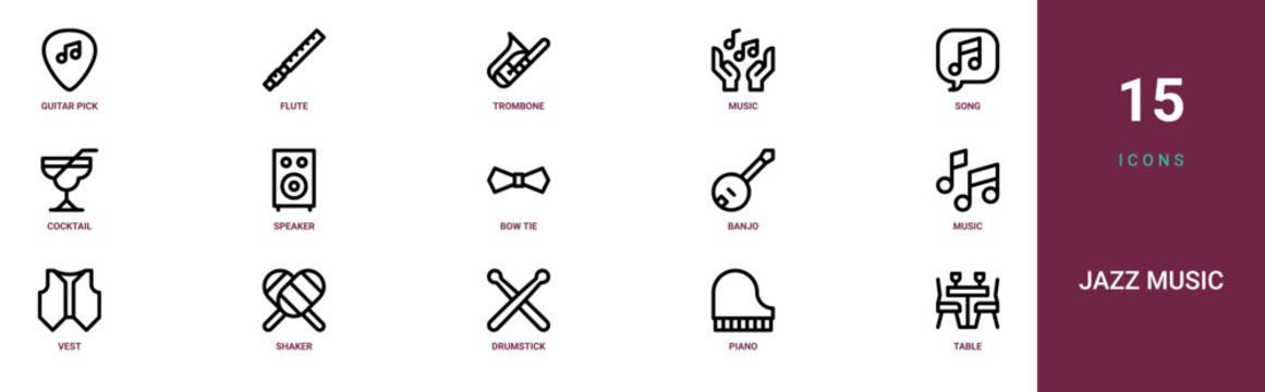 Set of 15 outline web Jazz Music icons such as table, piano, drumstick, shaker, vest, music, banjo vector icons for report, presentation, diagram, web design, mobile app
