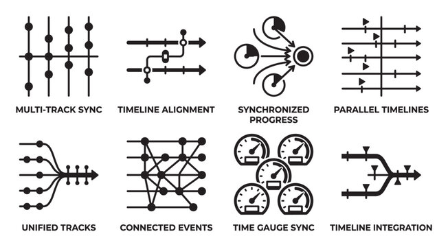 Timeline and sync icons representing synchronization and event management concepts.