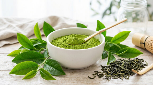Matcha powder in bowl with fresh leaves and Chasen on rustic wooden table