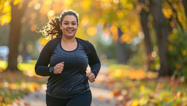 Curvy woman jogging confidently in park