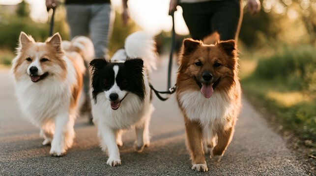 Three happy dogs on leashes walking together along a paved path during golden hour with blurred human figures behind them