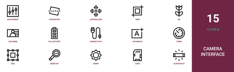 Set of 15 outline web Camera Interface icons such as ultraviolet, card, sunny, zoom out, size, timer, automatic vector icons for report, presentation, diagram, web design, mobile app © Maximilian