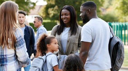 Fototapeta premium Parents and children interacting outdoors in a sunny park setting with backpacks and casual clothing