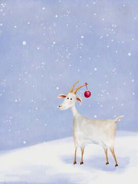 Watercolor illustration Christmas Goats. Hand drawn whimsical white goat with red ornament ball hanging from its horn against snowy backdrop. For design holiday cards with symbol 2027 year