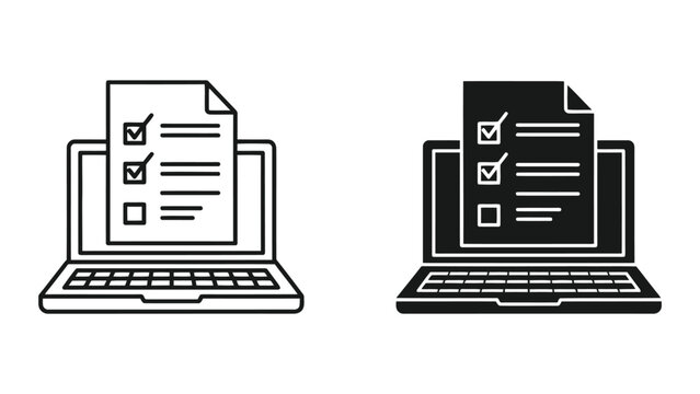 Digital Checklist on Laptop Screen Vector Icons Set in Minimalist Outline and Solid Black Style