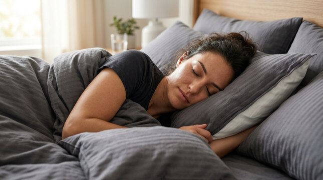 Woman sleeping peacefully in a cozy bed with soft gray bedding and natural light.