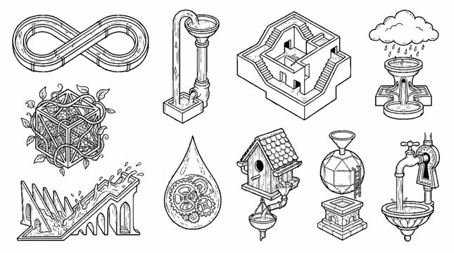 Collection of hand drawn isometric surreal objects and architectural structures.