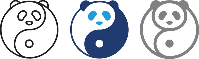 Cute panda bear yin yang balance vector icon set featuring hand drawn animal symbol in line art blue filled grey transparent styles © Lovely QT