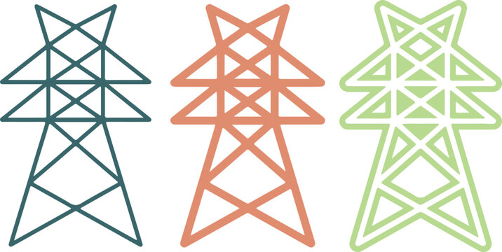 High voltage electric power transmission tower vector icon set featuring hand drawn pylon symbol in outline orange filled green transparent styles