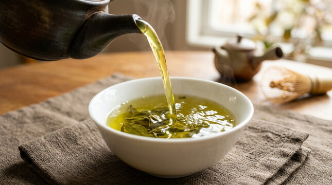 Pouring Fresh Green Tea into a Bowl