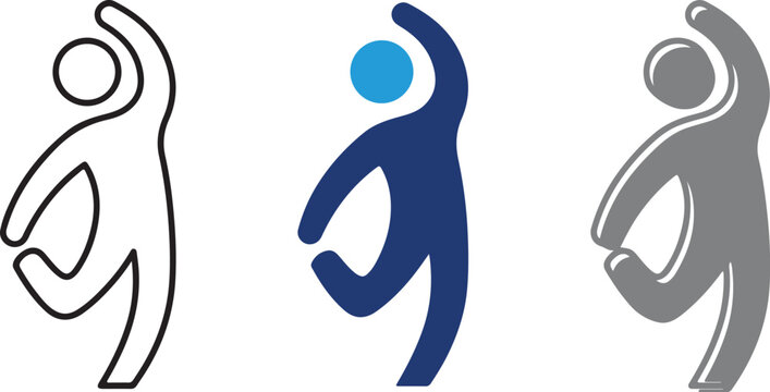 Active person dancing fitness vector icon set featuring hand drawn human figure symbol in line art blue filled grey transparent styles