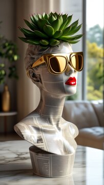 rendering bust woman head bust white material newspaper like texture woman face covered green succulent plant top her head which placed pair gold framed sunglasses she has red lipstick her lips her