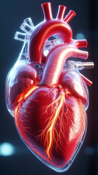 rendering human heart heart shown side view right ventricles visible ventricle red while right ventricular white blood vessels also red connected heart via series tubes heart appears motion moving