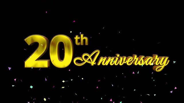 Golden 20th Anniversary text with colorful confetti bursting upward on a black background.