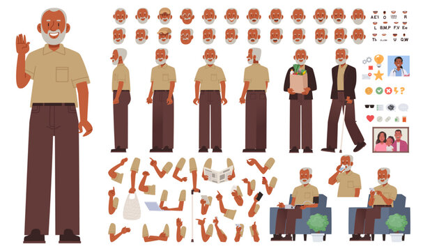 Senior man character creator kit with emotions, gestures, body parts, poses and accessories flat vector set