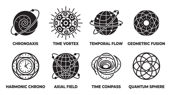 Abstract chronoaxis time vortex and temporal flow geometric fusion icons.