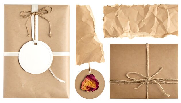 Collection of rustic brown paper gift wrapping elements, including a tied box, torn paper scraps, and a dried flower tag