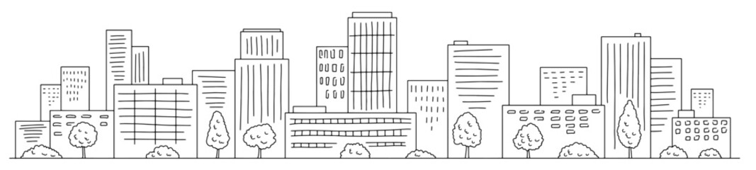 Naklejka premium City graphic black white cityscape skyline long sketch illustration vector 