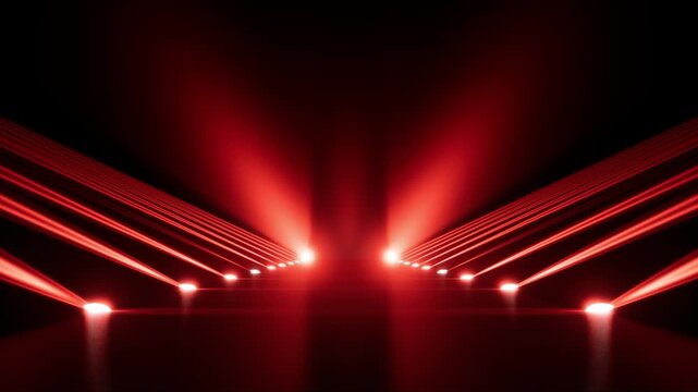 Symmetrical red stage lights with converging laser beams, rising floor spot cones, circular reflections, strong glow, dark backdrop, and precise geometric depth for concert style visual energy