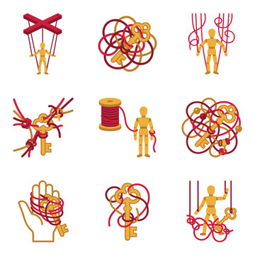 Set of flat icons representing control, manipulation, and influence, featuring wooden puppets, tangled strings, keys, and a hand holding a key, symbolizing power and guidance, in a simple, graphic