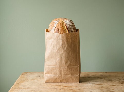 Fresh round sourdough bread loaf inside a brown paper bag on a rustic wooden table