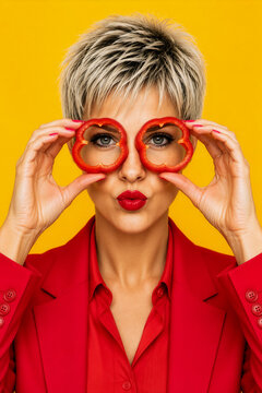 Frau mit zwei Paprikaringen als Brille