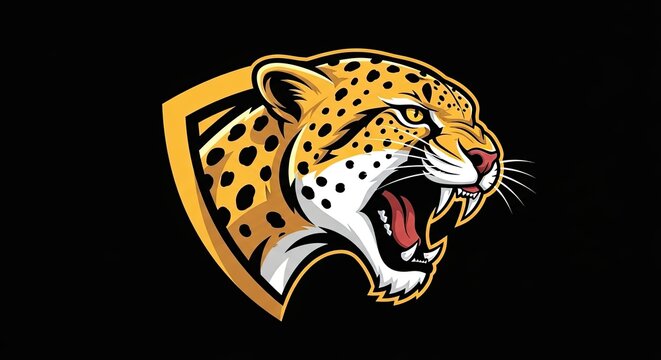 Roaring leopard head on a yellow shield logo.