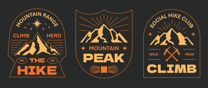 Mountain hiking climbing activities badges collection. Vintage mountain sports stickers and emblem design.