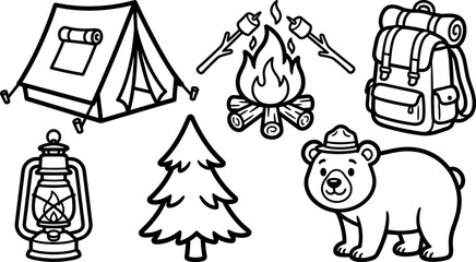 Cute camping adventure coloring page set featuring tent campfire marshmallows backpack lantern pine tree bear line art © Nurjahan