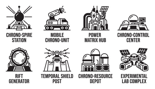 Futuristic time travel technology and machinery depicted with detailed vector illustrations.