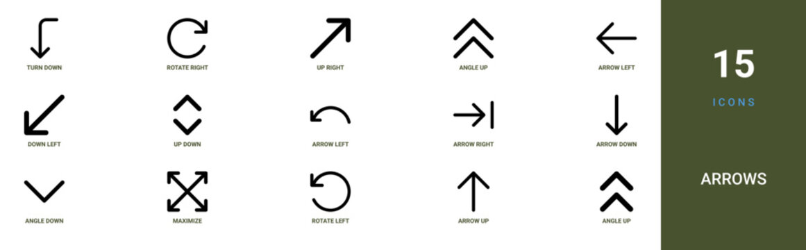 Set of 15 outline web Arrows icons such as angle up, arrow up, rotate left, maximize, angle down, arrow down, arrow right vector icons for report, presentation, diagram, web design, mobile app