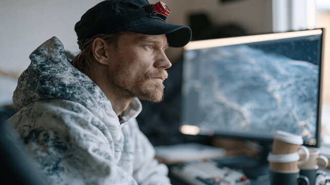 An astrophotography enthusiast reviews raw nebula frames on a calibrated monitor in a dark home observatory shed, red headlamp clipped to cap, stacked coffee mugs beside a