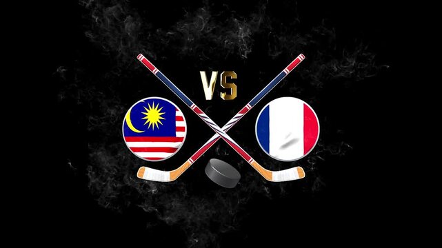 Malaysia vs France hockey match concept with crossed hockey sticks, puck, and national flags on a dark background