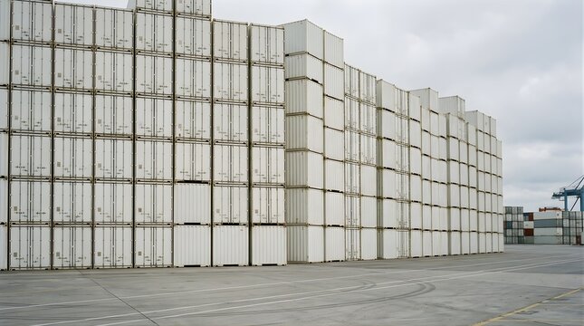 Rows of stacked white shipping containers at a busy industrial port terminal