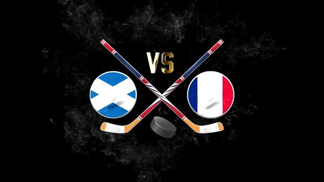 Scotland vs France hockey match concept with crossed hockey sticks, puck, and national flags on a dark background