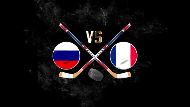 Russia vs France hockey match concept with crossed hockey sticks, puck, and national flags on a dark background
