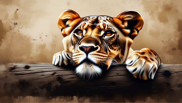 digital illustration leopard face peeking over wooden fence leopard lying down its head resting its front paws its eyes looking directly viewer its fur mix orange black spots its whiskers visible