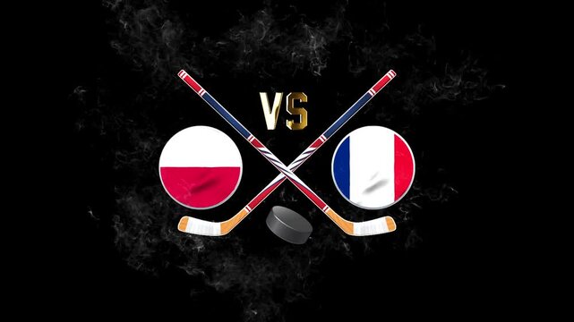 Poland vs France hockey match concept with crossed hockey sticks, puck, and national flags on a dark background