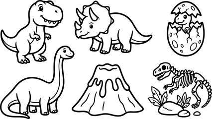 Cute dinosaurs coloring page set featuring t-rex triceratops volcano fossil egg vector line art © Nurjahan