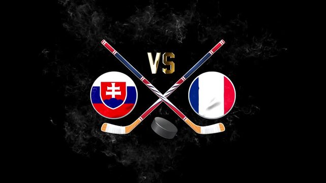 Slovakia vs France hockey match concept with crossed hockey sticks, puck, and national flags on a dark background