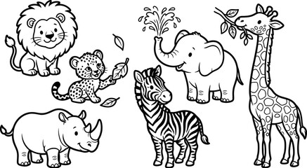 Safari animals coloring page set featuring cute lion elephant giraffe zebra rhino leopard vector line art © Nurjahan