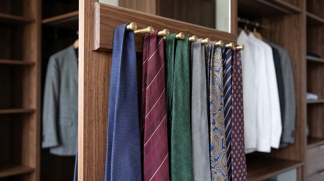 Business tie rack organized with various ties in stylish closet. Business tie storage includes diverse colors and patterns for formal wear.