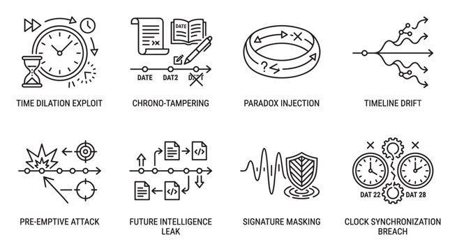 Time dilation exploit concept chrono tampering paradox injection timeline drift icons.