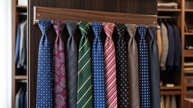 Neatly organized business ties displayed on rack in closet near formal wear. Business tie rack features various colors and patterns, including polka dots and stripes.
