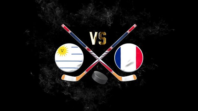 Uruguay vs France hockey match concept with crossed hockey sticks, puck, and national flags on a dark background