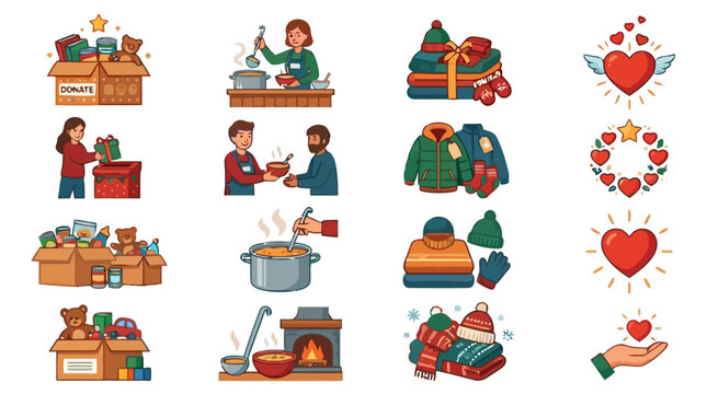 Charity and donation vector illustration set featuring volunteers serving food donating clothes and toys with heart symbols.