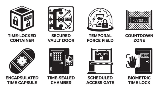 Time security and access control concepts illustrated with locked containers and gates.